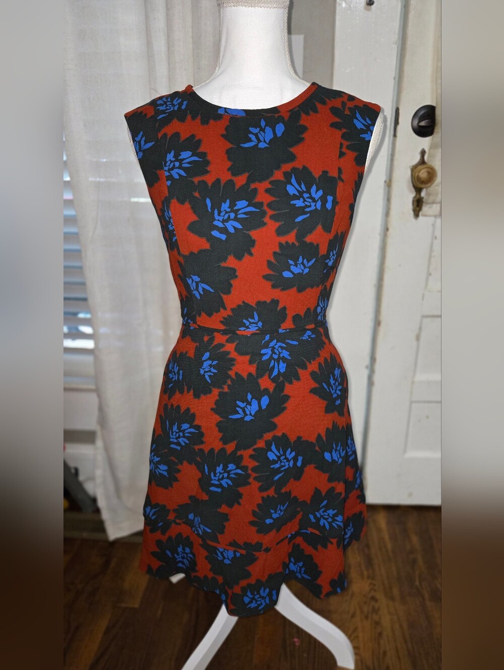 J. Crew Rust Mini Dress with Black & Bright Blue Floral Pattern